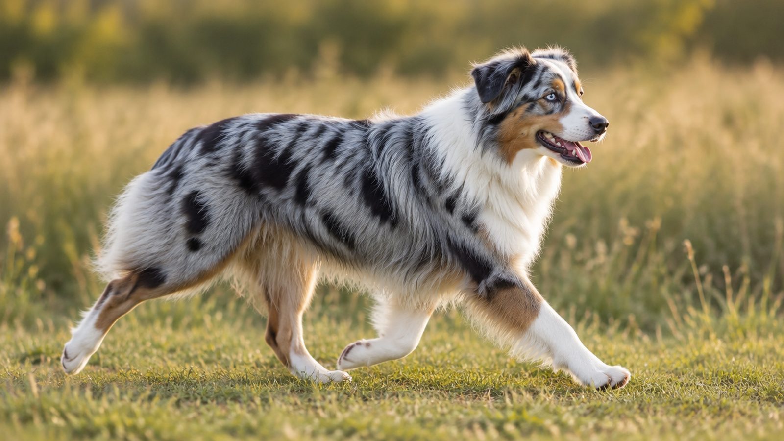 Adult blue merle Australian Shepherd trotting across a field
