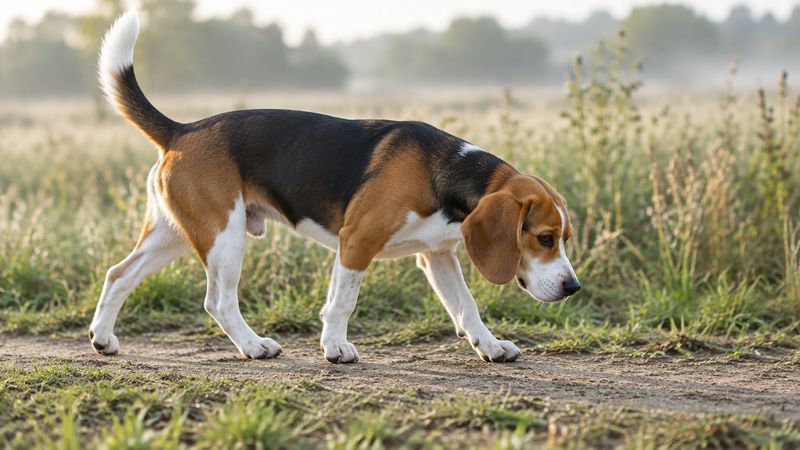 Adult tricolor Beagle walking on a trail