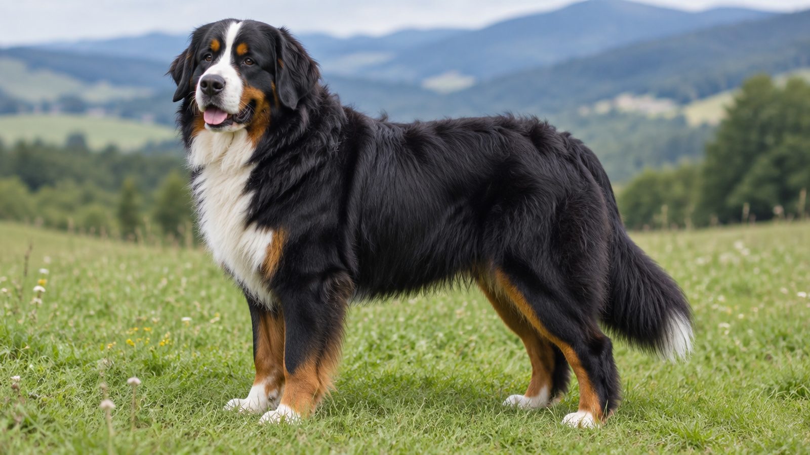Adult Bernese Mountain Dog standing in a meadow