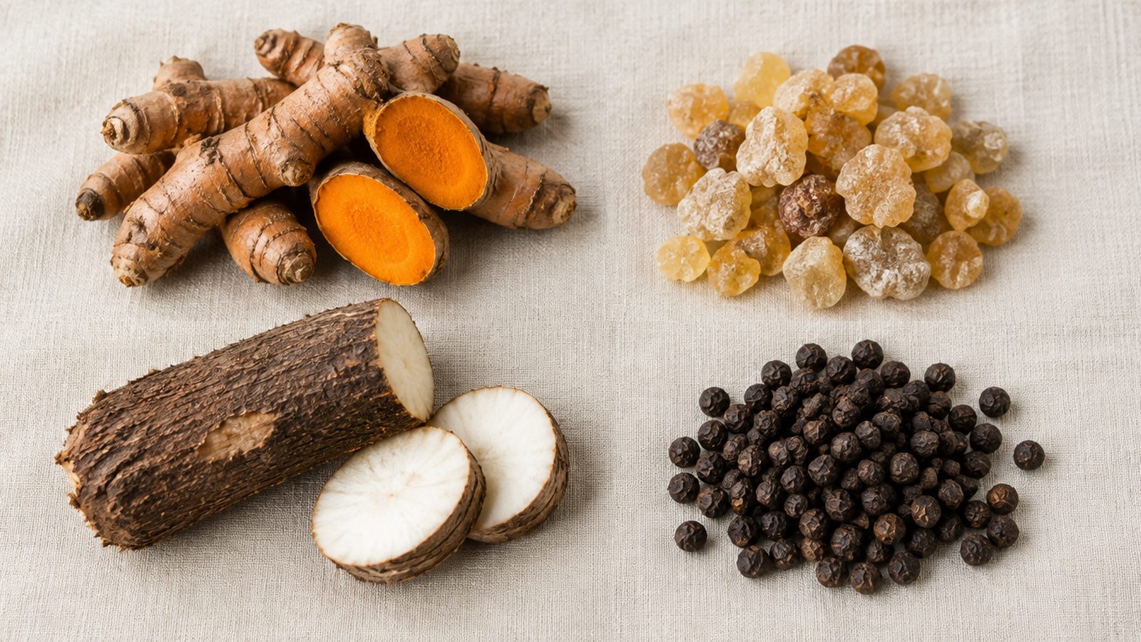 Turmeric root, boswellia resin, yucca root and black peppercorns arranged on linen
