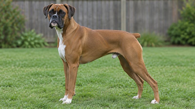 Adult fawn Boxer standing on a lawn