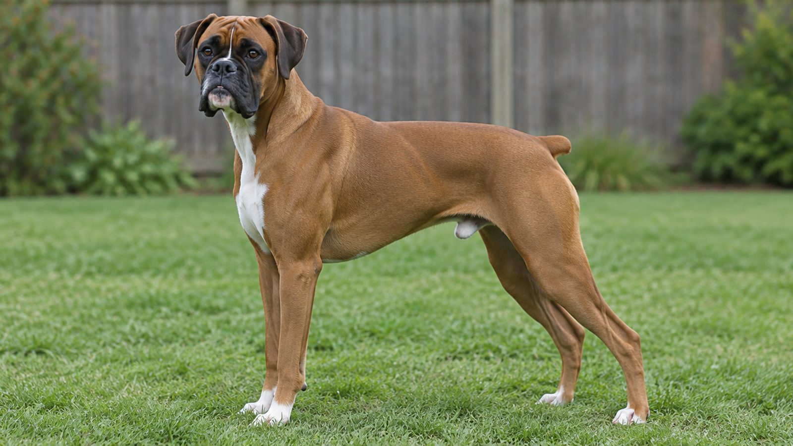 Adult fawn Boxer standing on a lawn