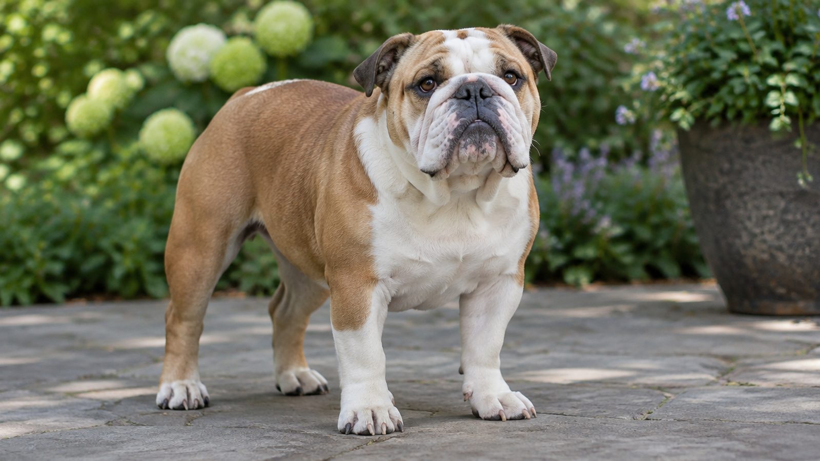 Adult fawn and white Bulldog standing on a patio