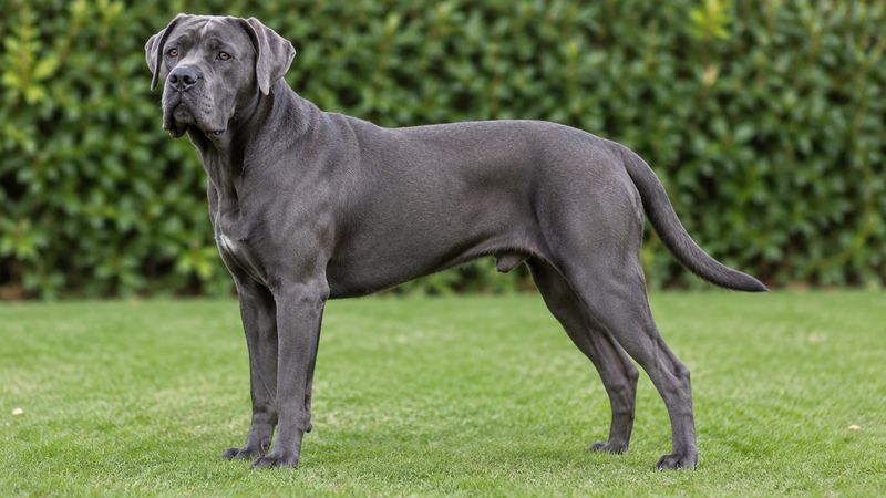 Adult grey Cane Corso standing on a lawn