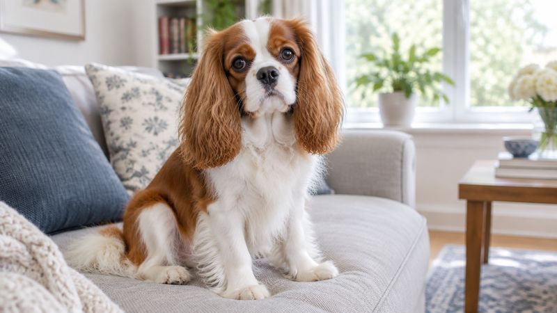 Adult Blenheim Cavalier King Charles Spaniel sitting on a sofa