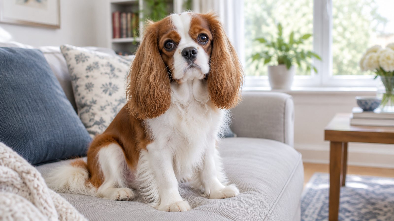 Adult Blenheim Cavalier King Charles Spaniel sitting on a sofa