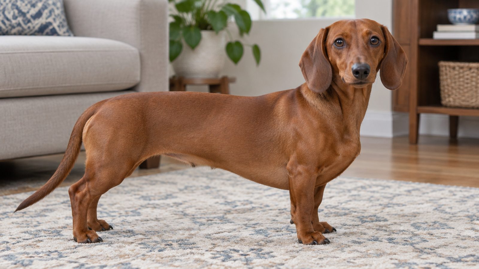 Adult red smooth-haired Dachshund standing on a rug