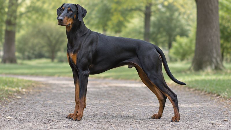 Adult Doberman Pinscher with natural ears standing on a park path