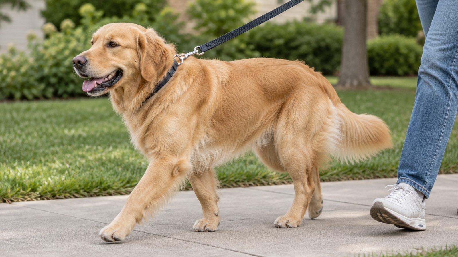 A golden retriever walking on a leash along a sidewalk, seen from the side
