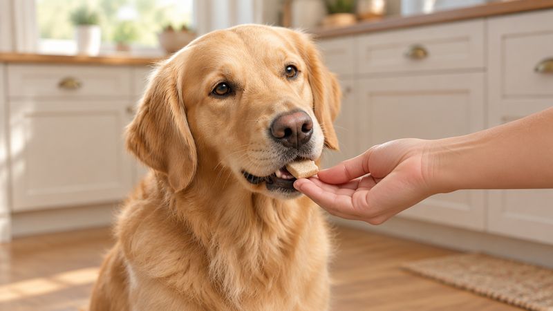 A golden retriever taking a soft chew from an open hand