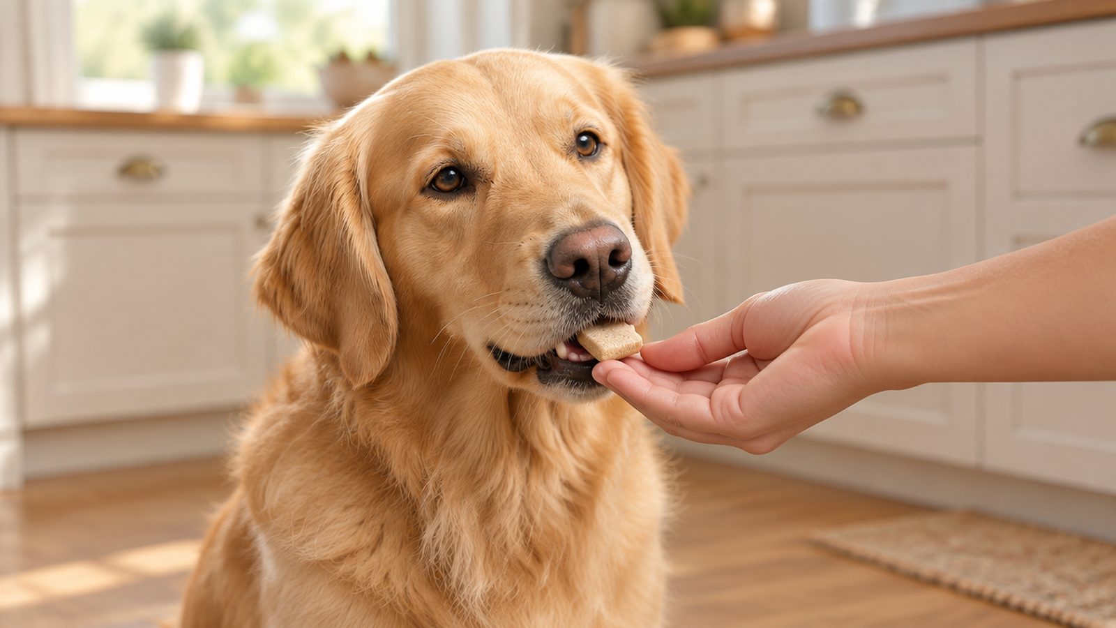 A golden retriever taking a soft chew from an open hand