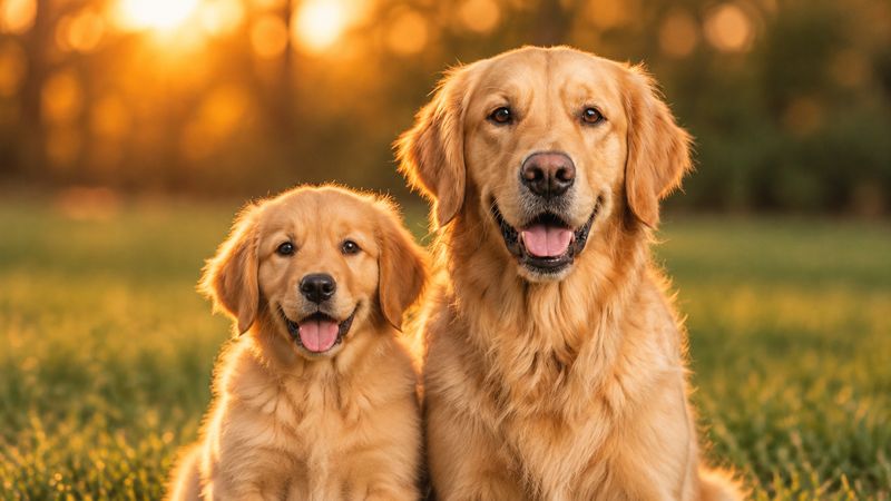 A golden retriever puppy and an adult golden retriever sitting side by side on a lawn