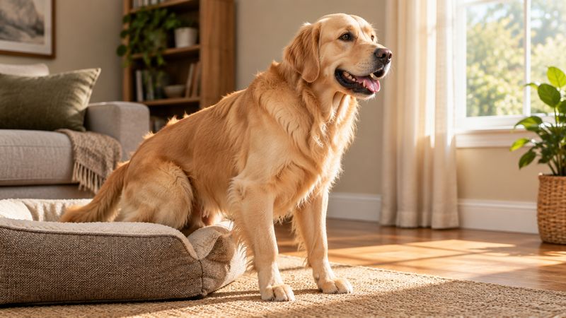 A golden retriever getting up from its bed in morning light