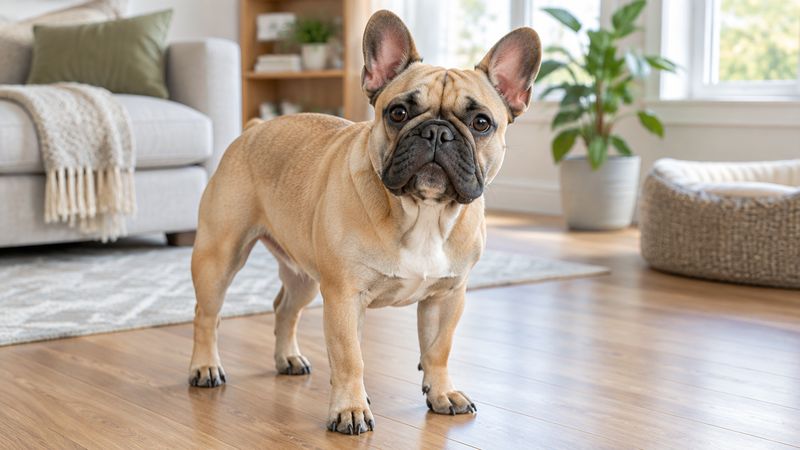 Adult fawn French Bulldog standing in a living room