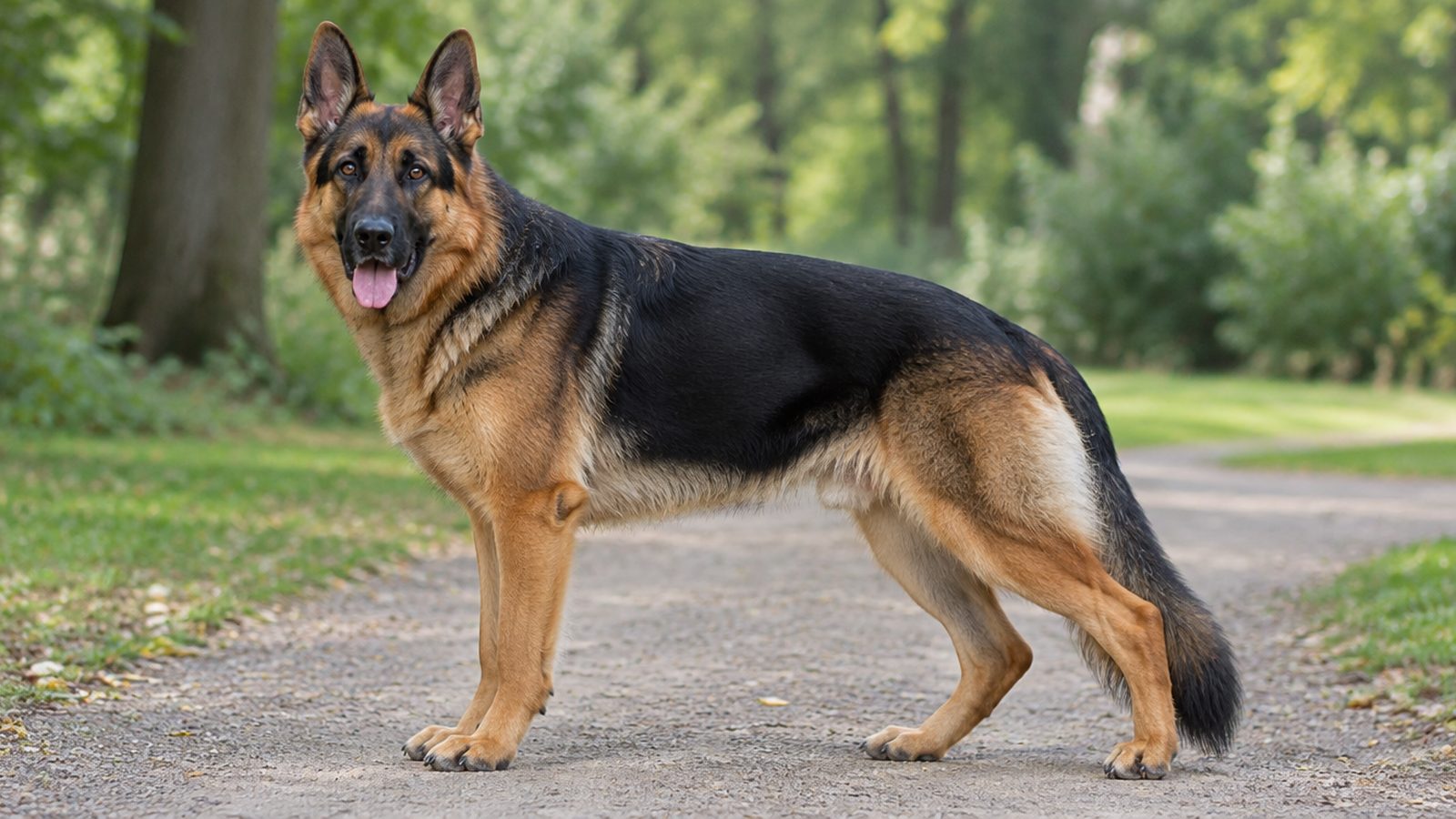 Adult German Shepherd Dog standing on a park path