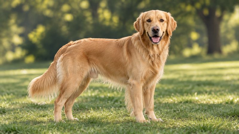 Adult Golden Retriever standing side-on on a lawn