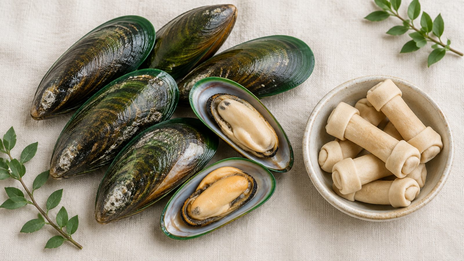 Green lipped mussels beside a dish of soft dog chews