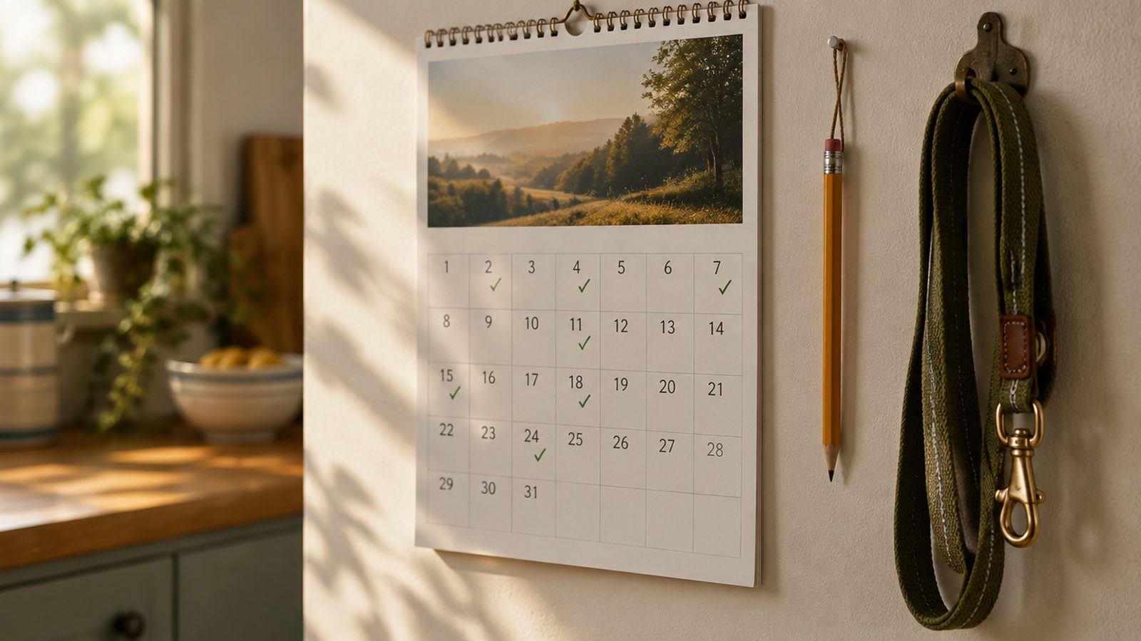 A wall calendar with days checked off and a dog leash hanging beside it