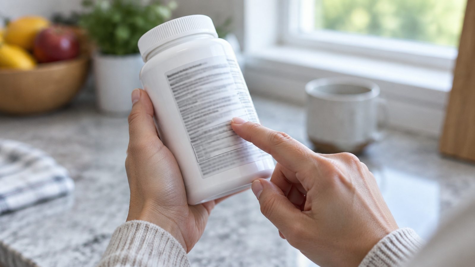 Hands holding a supplement jar turned to the back label