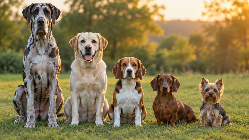 Five dogs of different sizes and breeds sitting in a row on a lawn