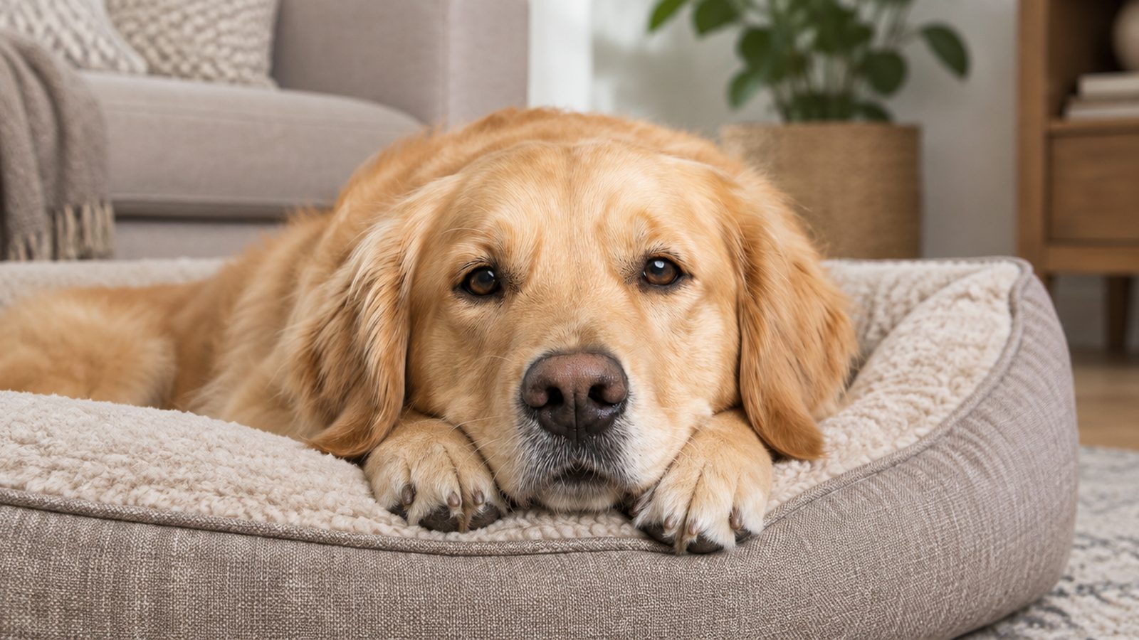 A golden retriever lying quietly on its bed with its head on its paws