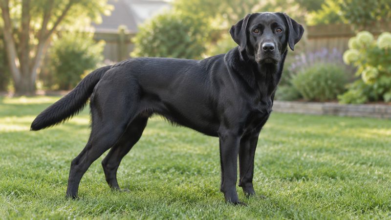 Adult black Labrador Retriever standing on grass