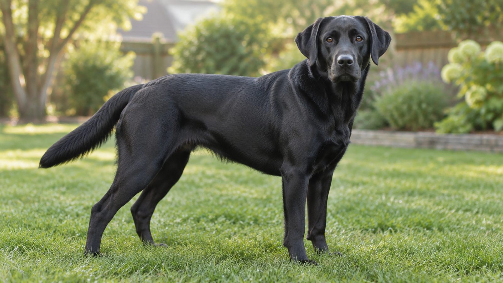 Adult black Labrador Retriever standing on grass