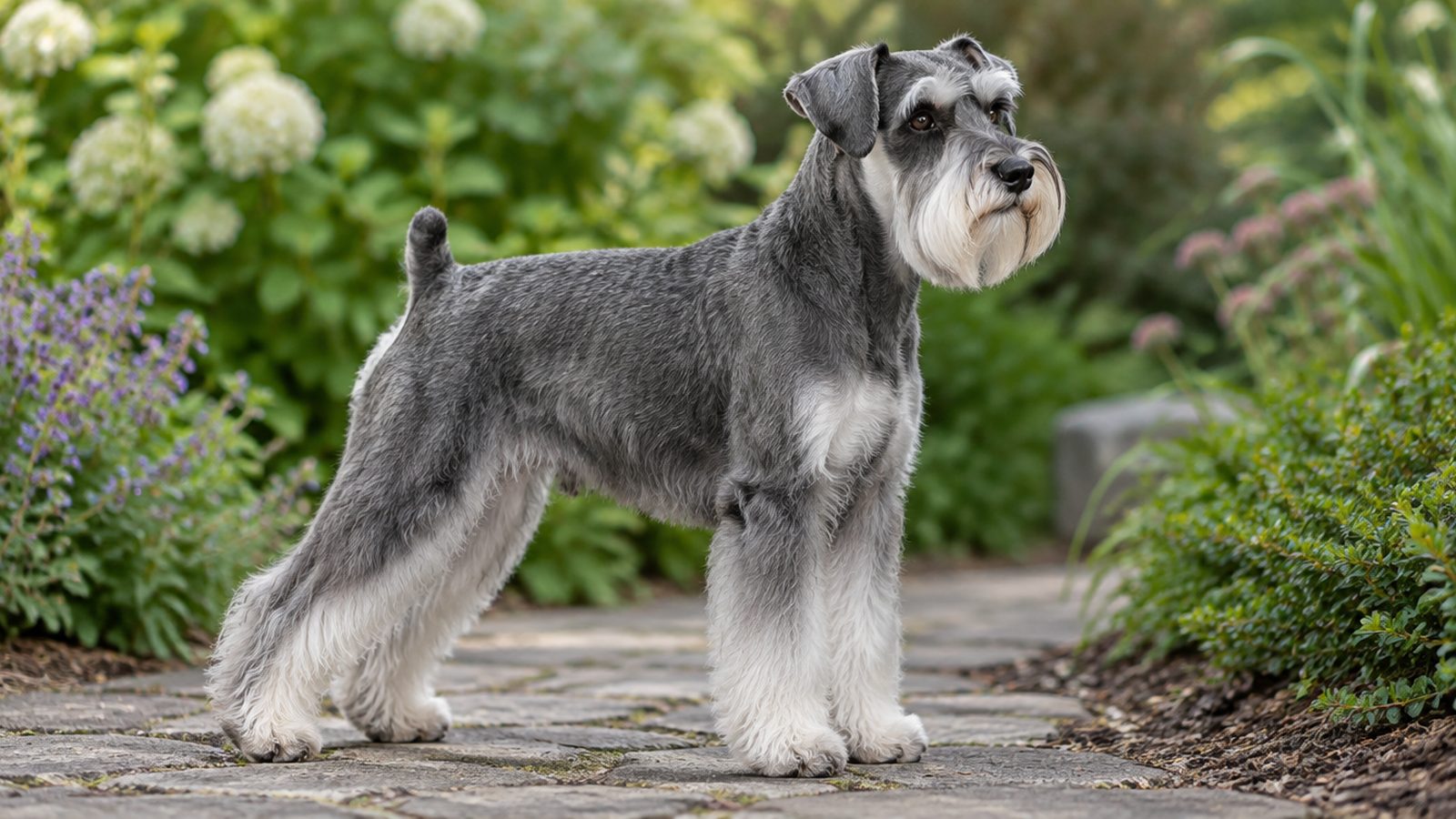 Adult salt and pepper Miniature Schnauzer standing on a garden path