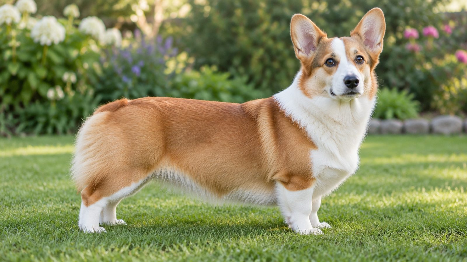 Adult red and white Pembroke Welsh Corgi standing on a lawn