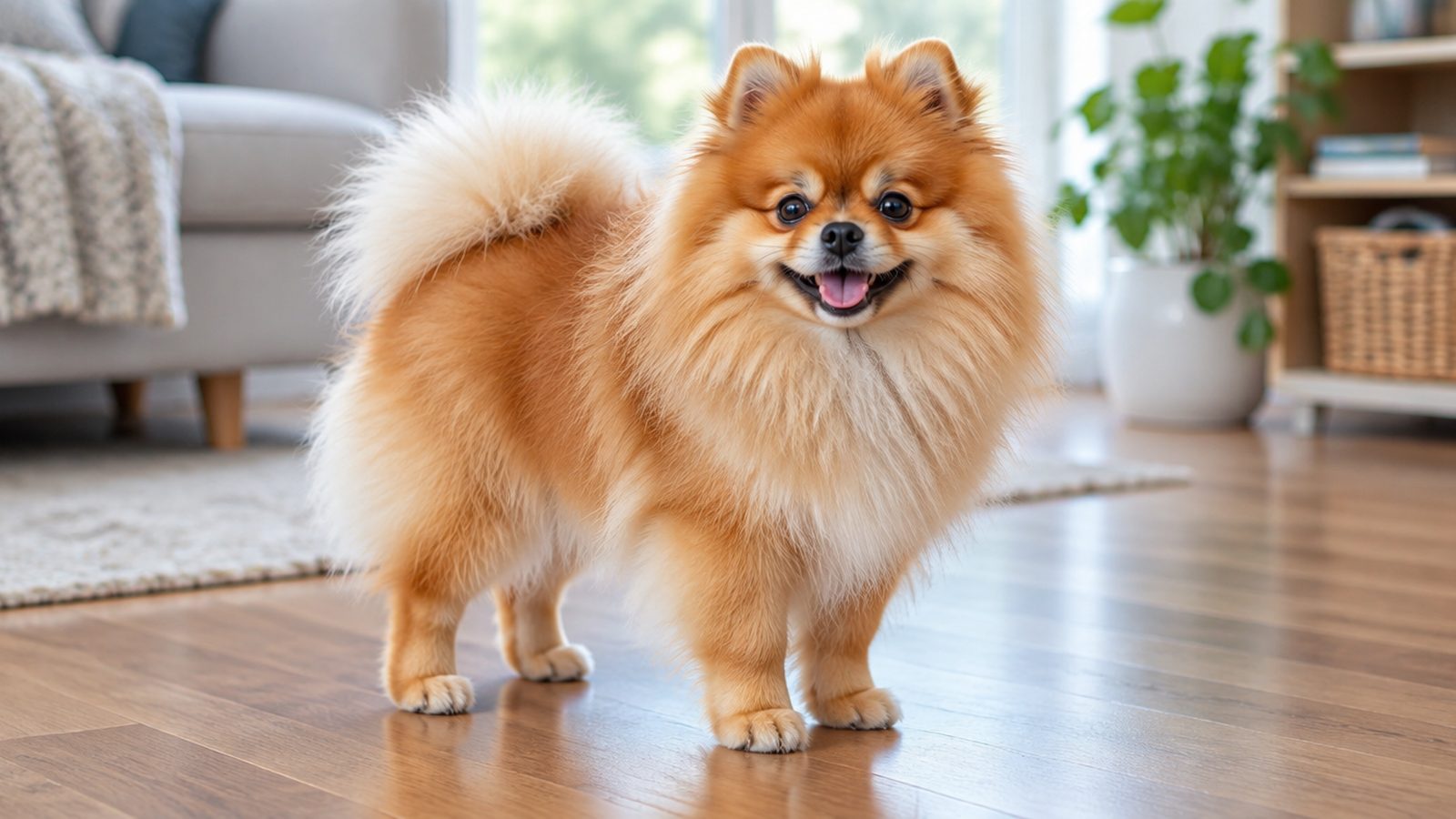 Adult orange Pomeranian standing on a wooden floor