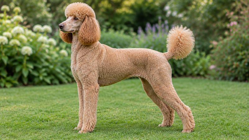 Adult apricot Standard Poodle standing on grass