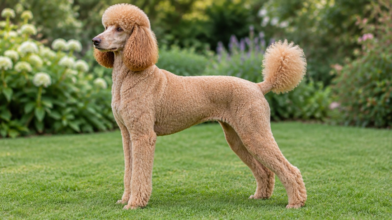Adult apricot Standard Poodle standing on grass