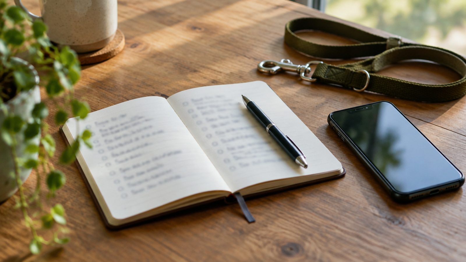 An open notebook with a handwritten list, a pen, a phone and a dog leash on a table