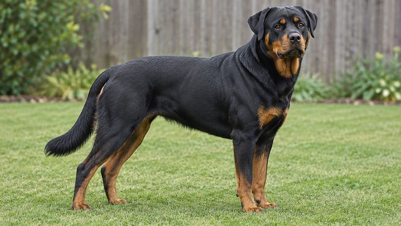 Adult Rottweiler standing side-on on a lawn