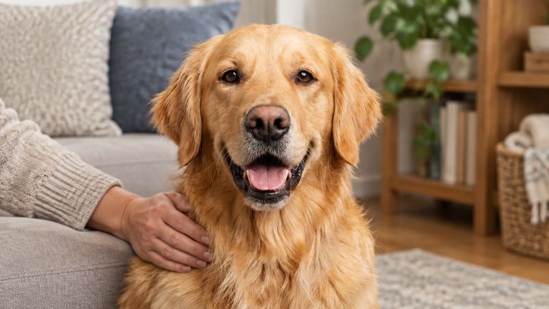 A senior golden retriever sitting calmly with its owner's hand on its shoulder