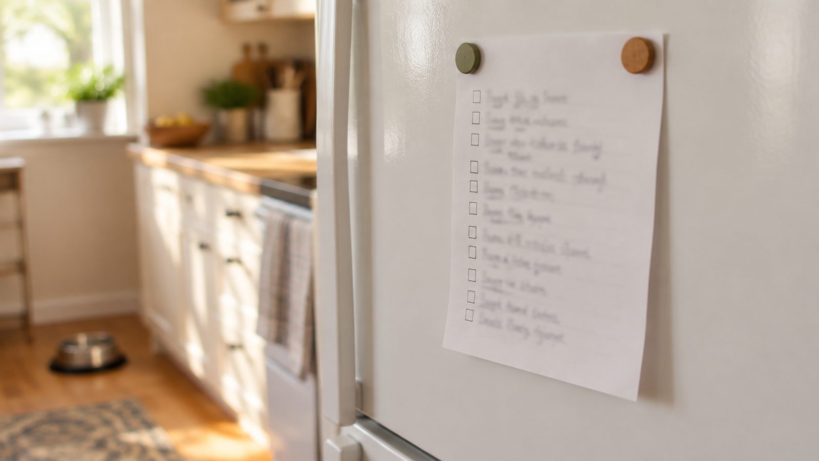 A checklist held by magnets on a refrigerator door