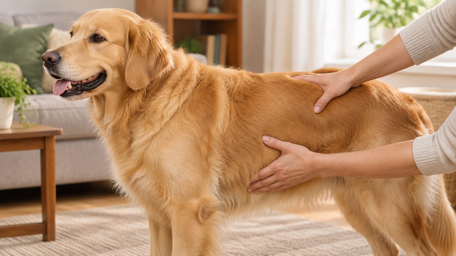 Hands resting on a golden retriever's rib cage to feel its body condition