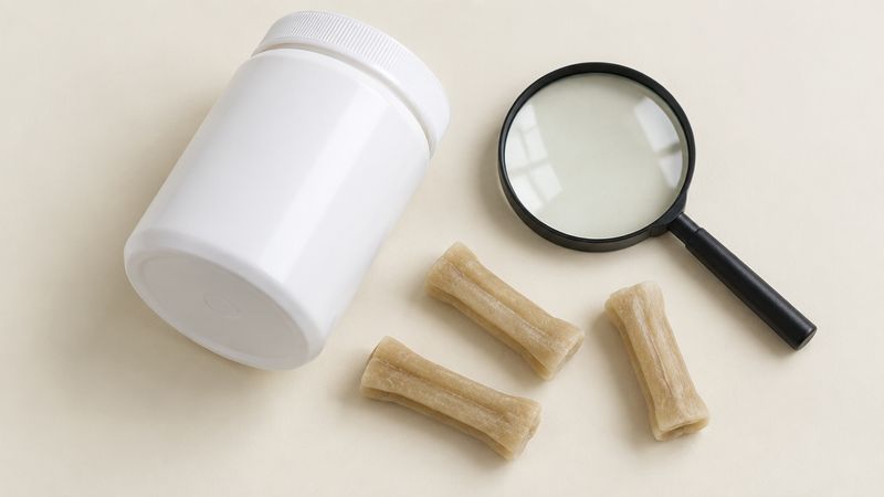 A supplement jar on its side next to a magnifying glass and a few soft chews