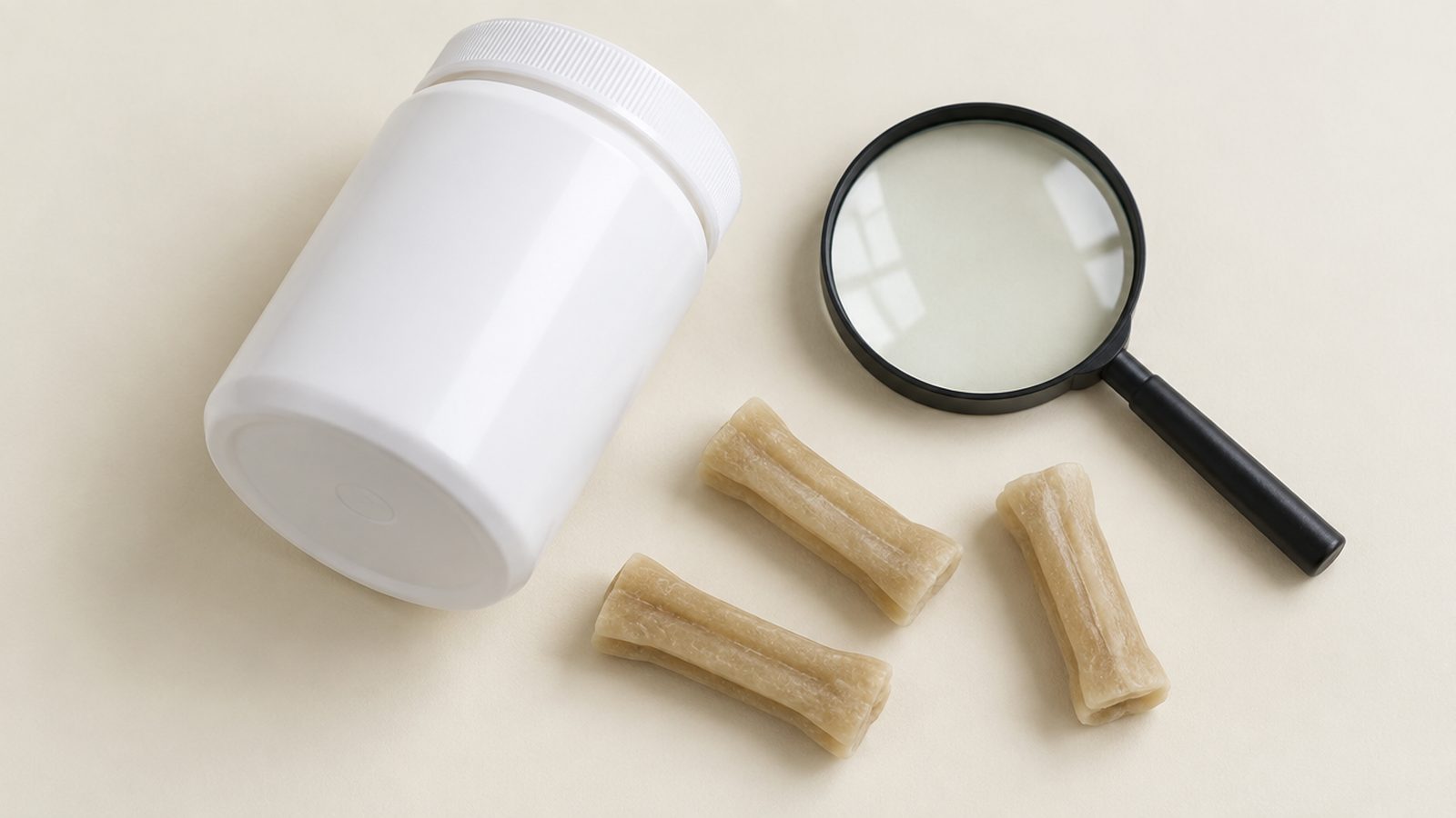 A supplement jar on its side next to a magnifying glass and a few soft chews