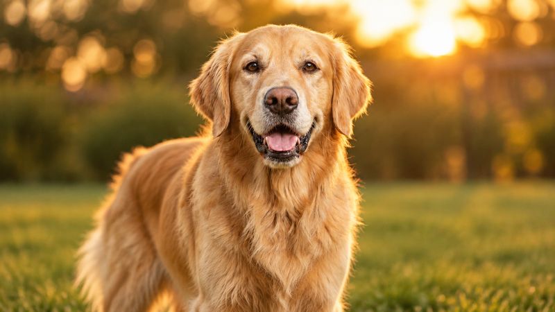 A senior golden retriever with a grey muzzle standing in a backyard at sunset
