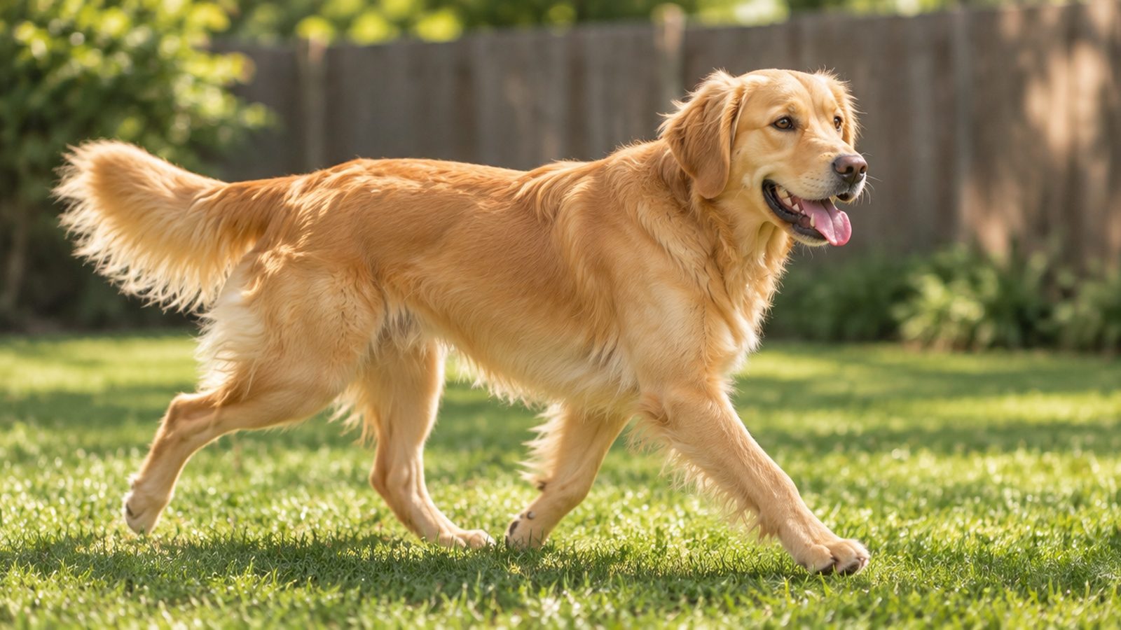 A young adult golden retriever trotting across a sunny lawn