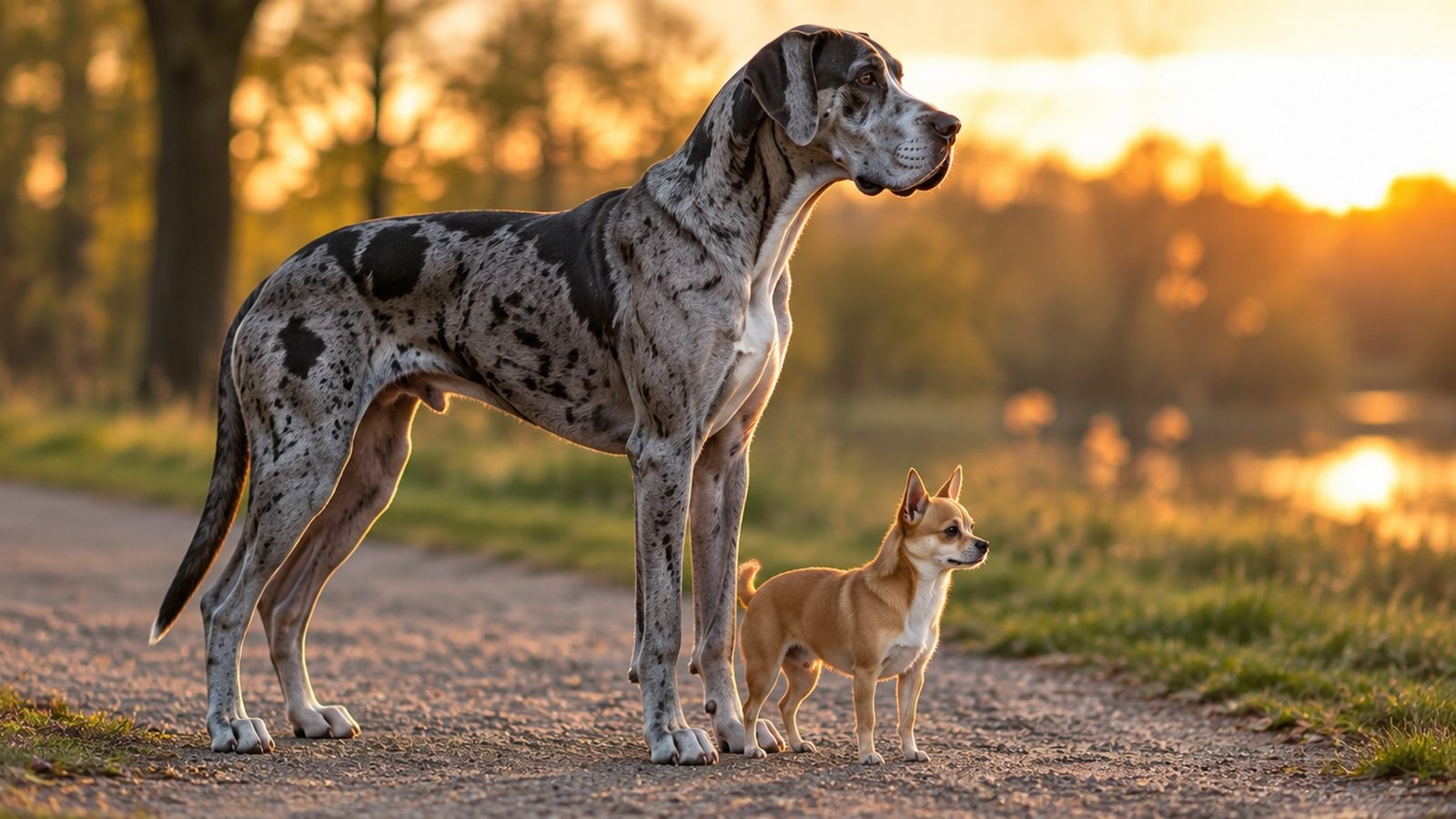 A Great Dane and a Chihuahua standing side by side on a park path