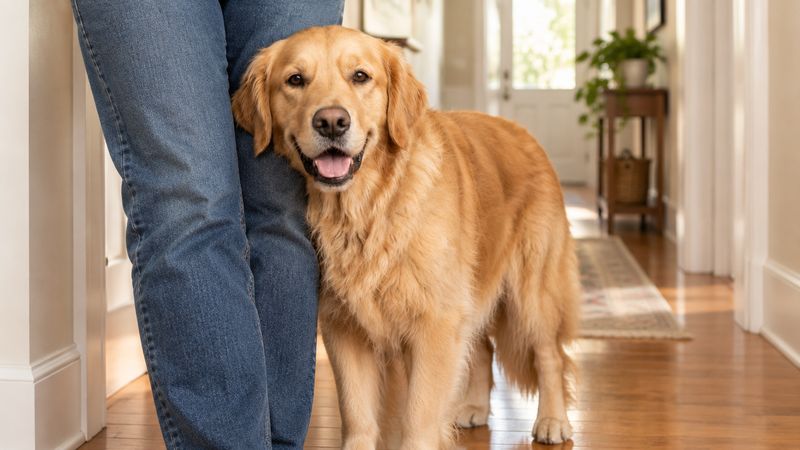 A golden retriever leaning against its owner's legs in a hallway