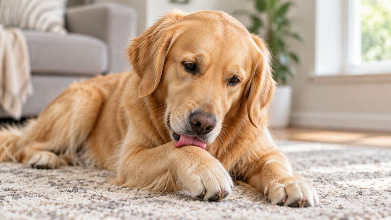 A golden retriever lying on a rug, licking its front paw