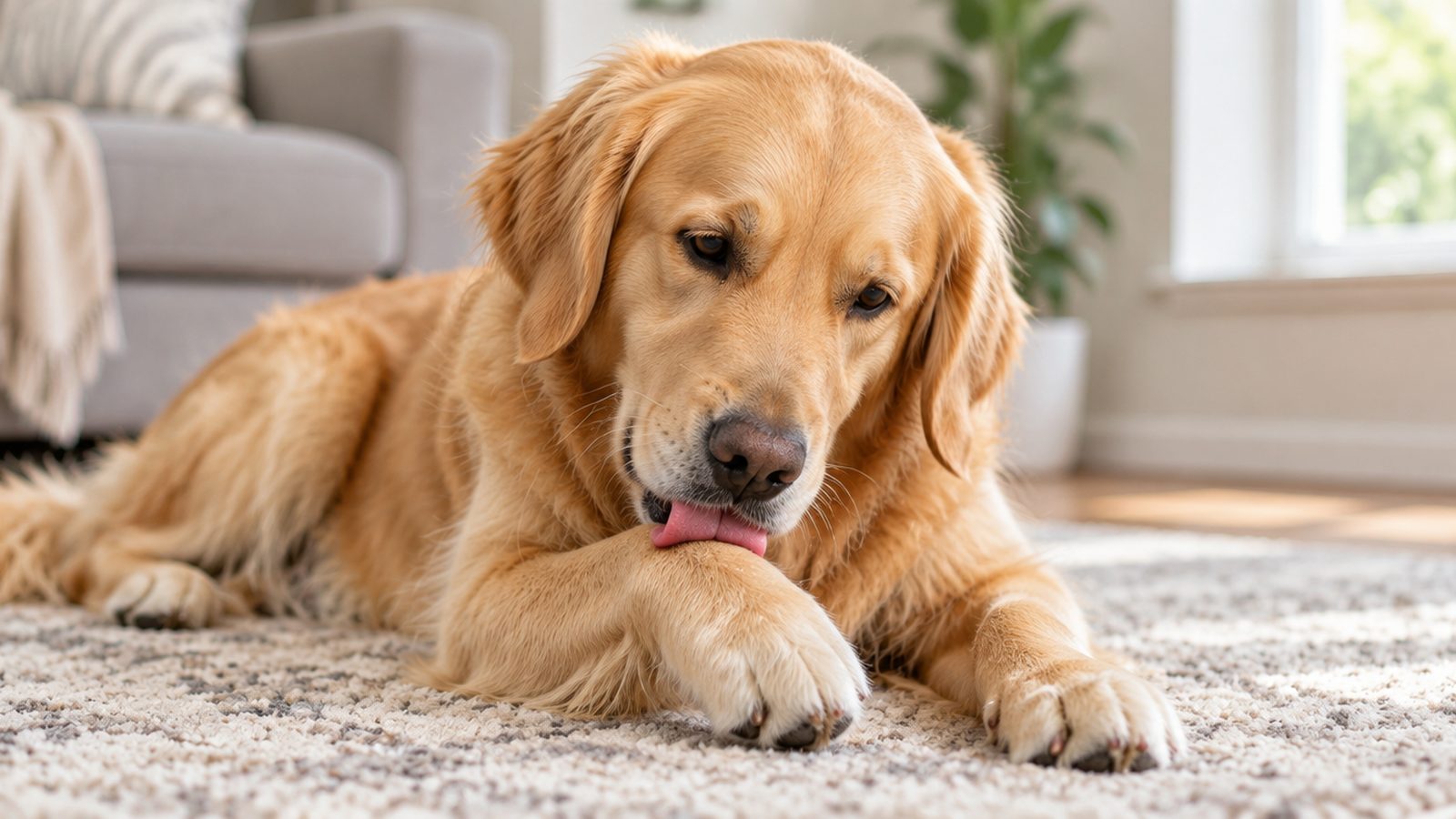 A golden retriever lying on a rug, licking its front paw