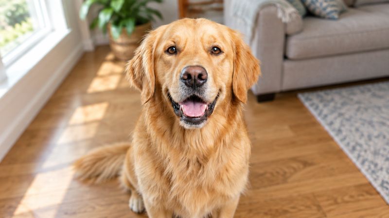 A golden retriever sitting on a living room floor, looking up at the camera