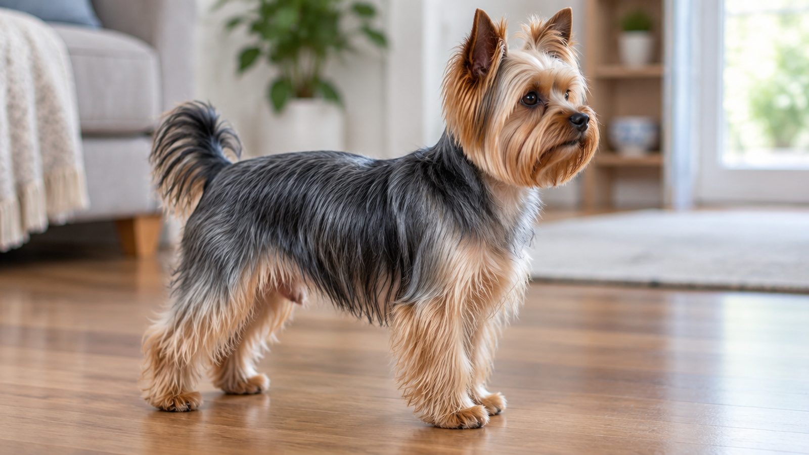 Adult Yorkshire Terrier standing on a wooden floor