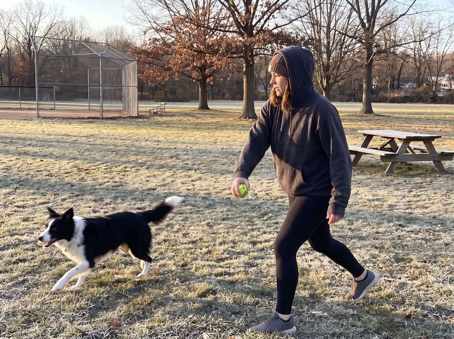 Woman throwing a ball for her Border Collie in a park