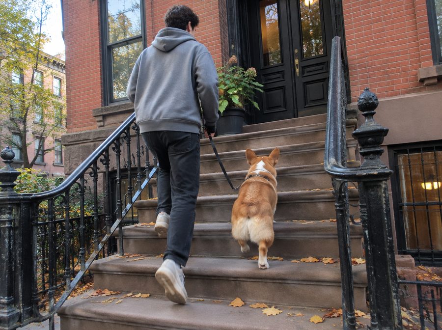 Man climbing brownstone steps with his Corgi on a leash