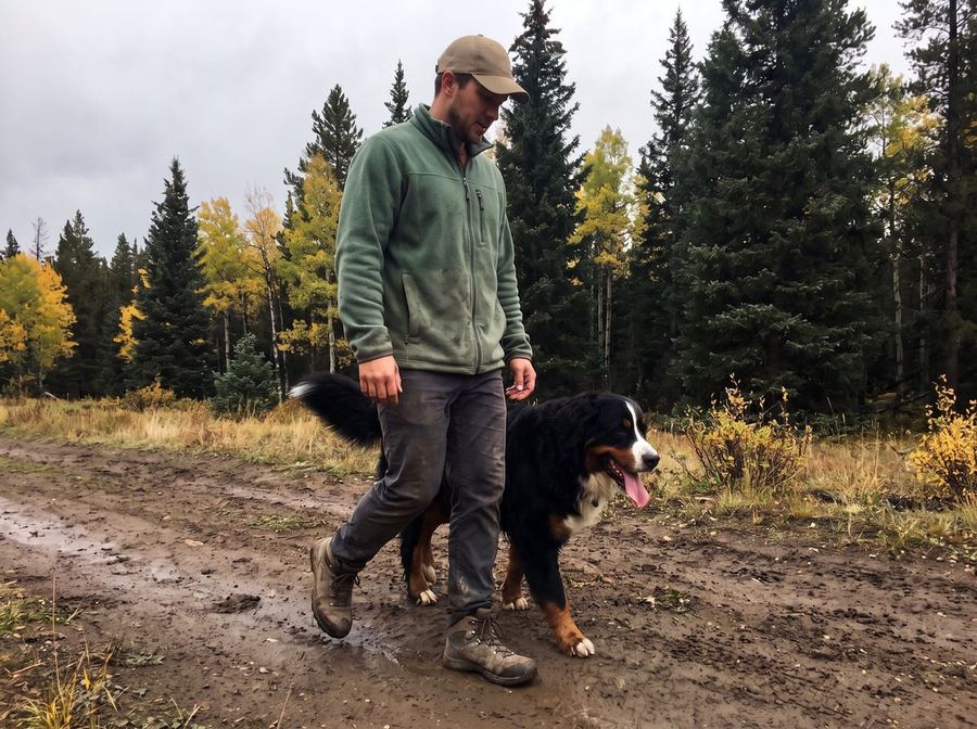 Man hiking a mountain trail with his Bernese Mountain Dog